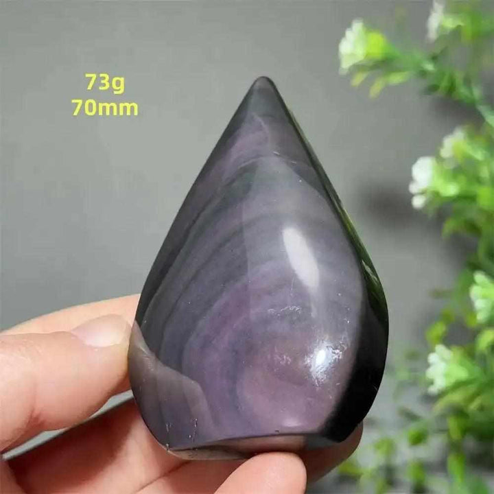 Hand-polished Rainbow Obsidian torch freeform with purple, green, and gold flashes for grounding and protection.