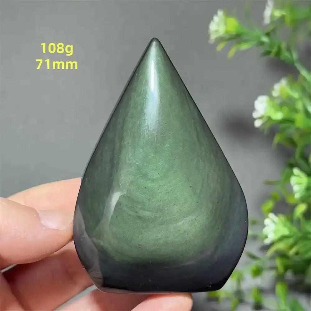 Polished Rainbow Obsidian torch freeform with a green sheen, 71mm tall, perfect for grounding and protection.