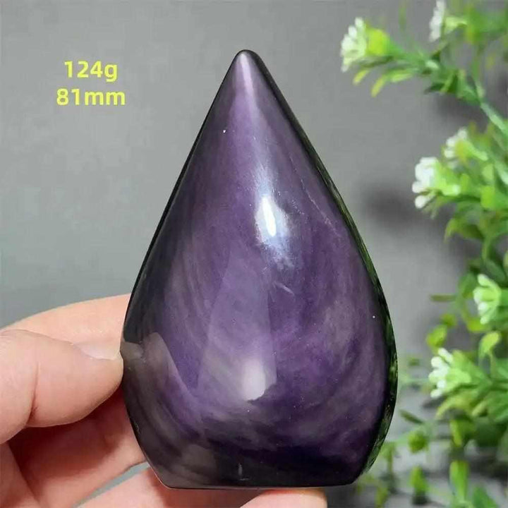 Polished Rainbow Obsidian torch freeform featuring a deep black volcanic glass base with vibrant purple and gold sheen.