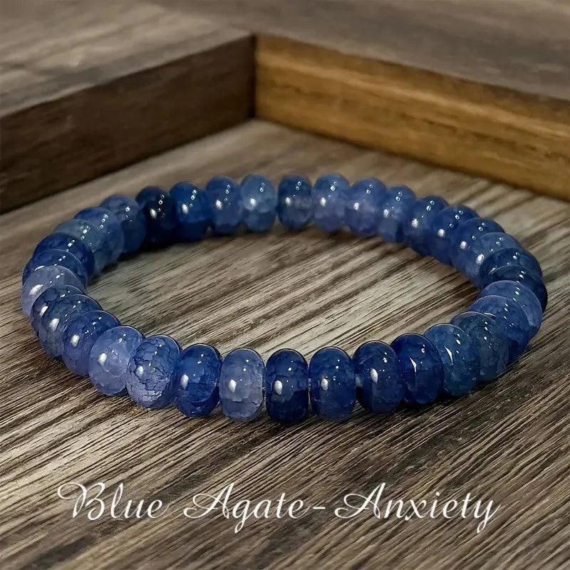 Handmade blue agate crystal beaded bracelet for calming energy and balance, featuring polished 180mm gemstone beads.
