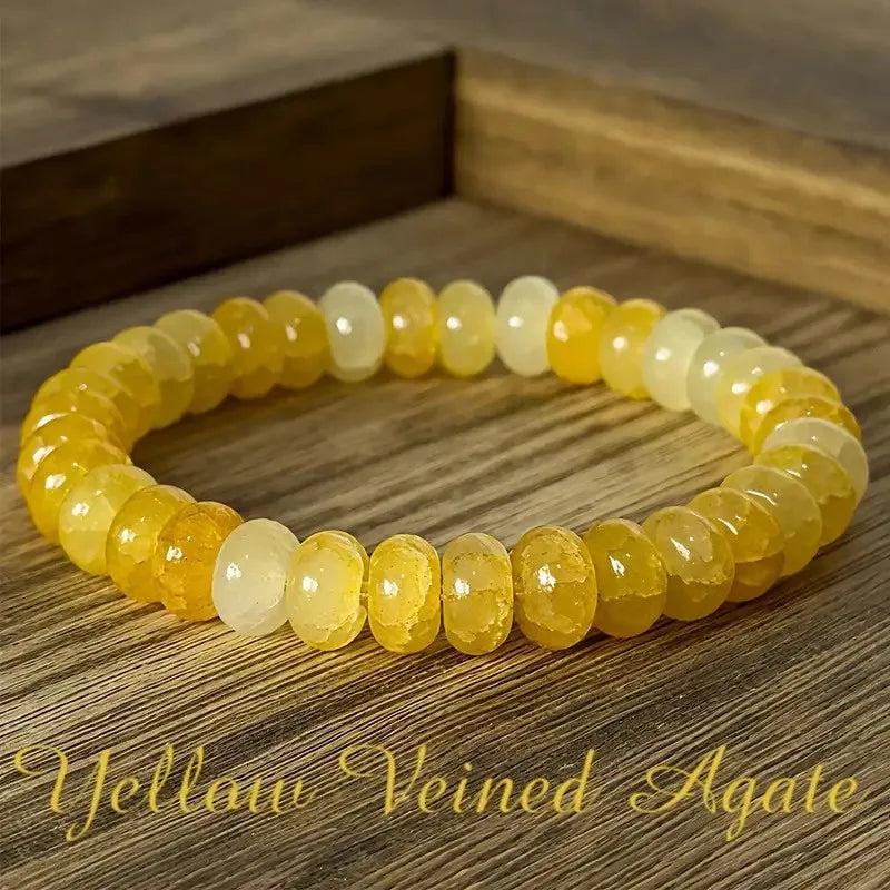 Handmade yellow veined agate crystal beaded bracelet, 180mm gemstone strand for energy balancing and vibrant style.