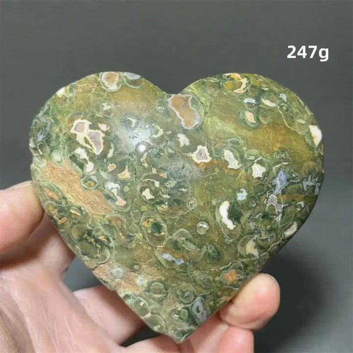 Rainforest Jasper Heart Healing Crystal, 247g, with earthy green, brown, and cream organic patterns for emotional grounding.