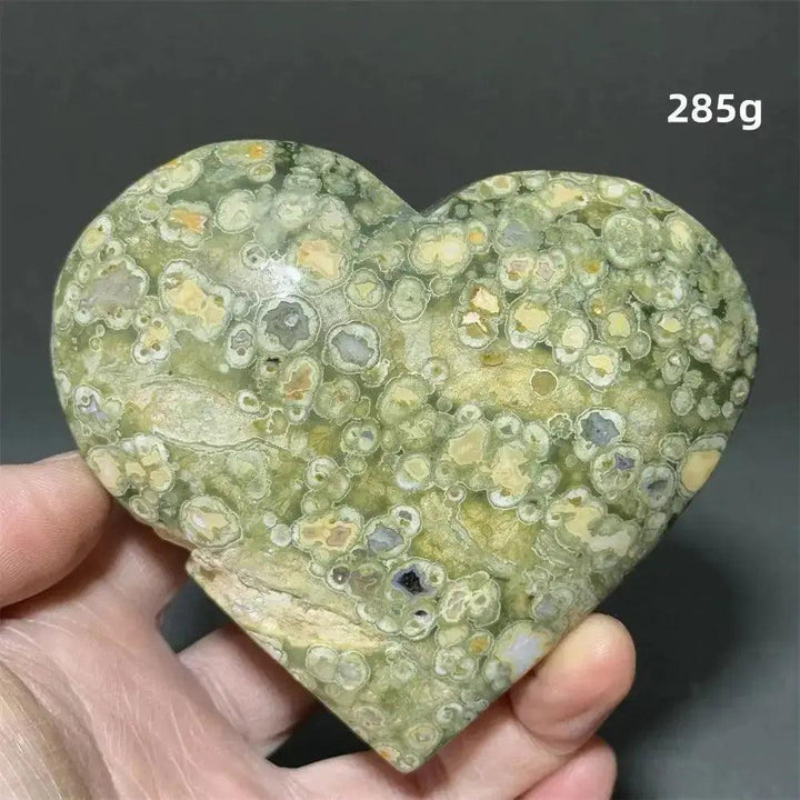 Rainforest Jasper Heart Healing Crystal, 285g, with organic green, cream, and yellow patterns for emotional grounding.