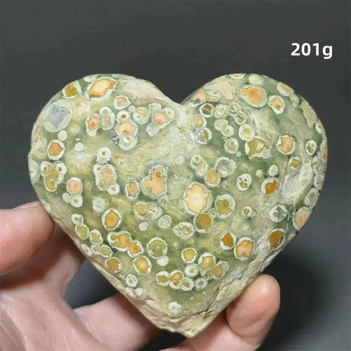 Rainforest Jasper Heart Healing Crystal, a unique 201g heart-shaped stone with earthy green and orange patterns.