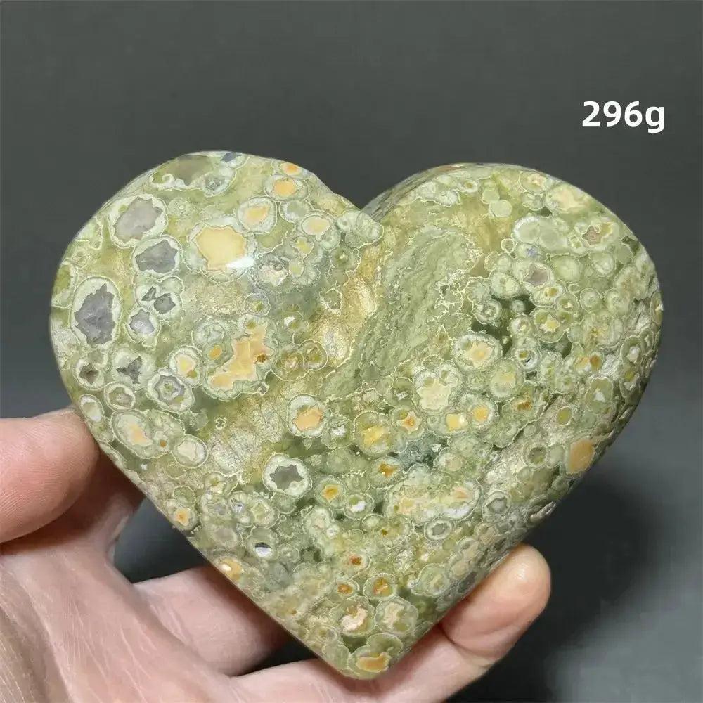 Rainforest Jasper Heart Healing Crystal, a unique 296g green and yellow Rhyolite heart for emotional grounding and renewal.
