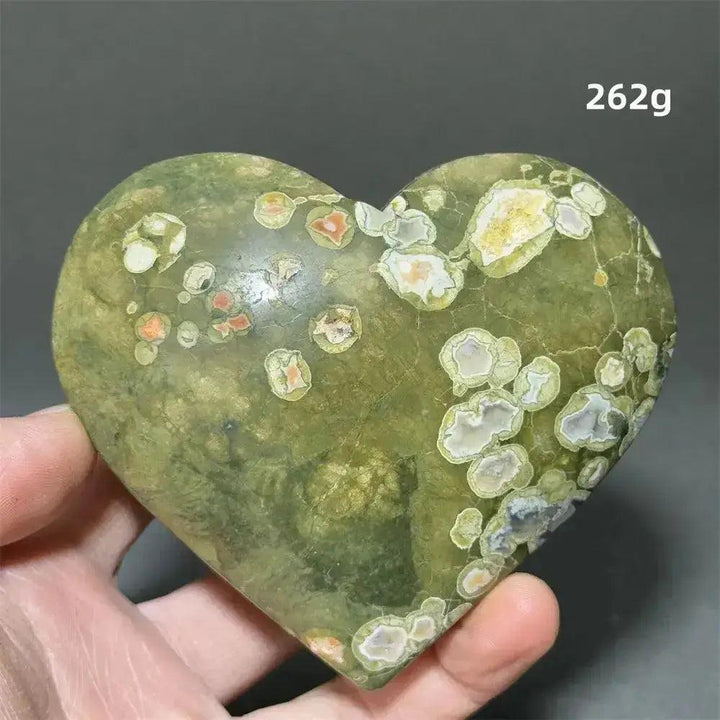 Rainforest Jasper Heart Healing Crystal: Green, heart-shaped Rhyolite with unique organic patterns for emotional grounding and renewal.