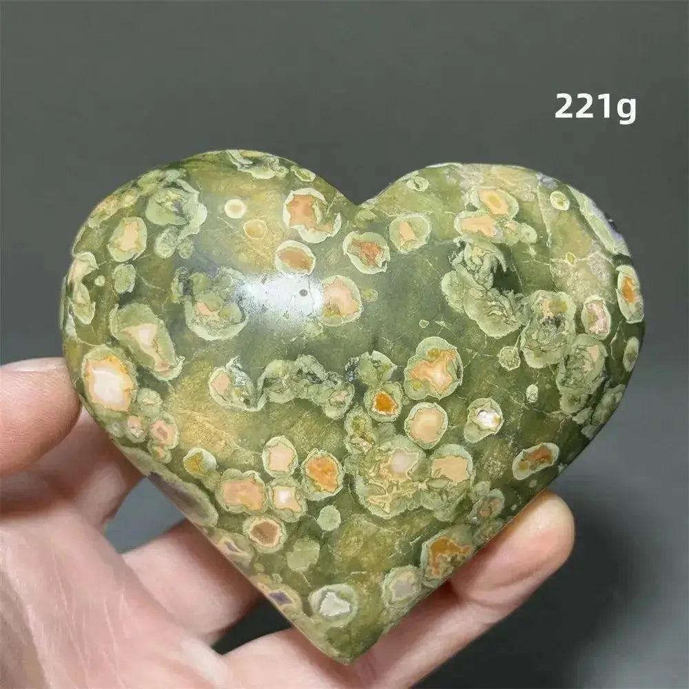 Rainforest Jasper Heart Healing Crystal: Green, heart-shaped Rhyolite with natural orange and cream patterns, 221g.