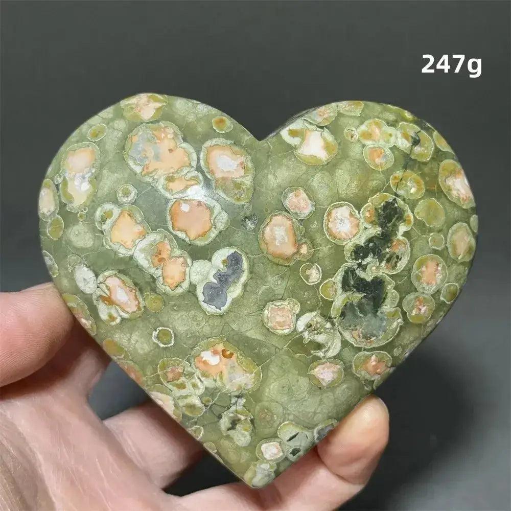 Rainforest Jasper Heart Healing Crystal: Green, heart-shaped Rhyolite with organic patterns for emotional grounding and renewal.