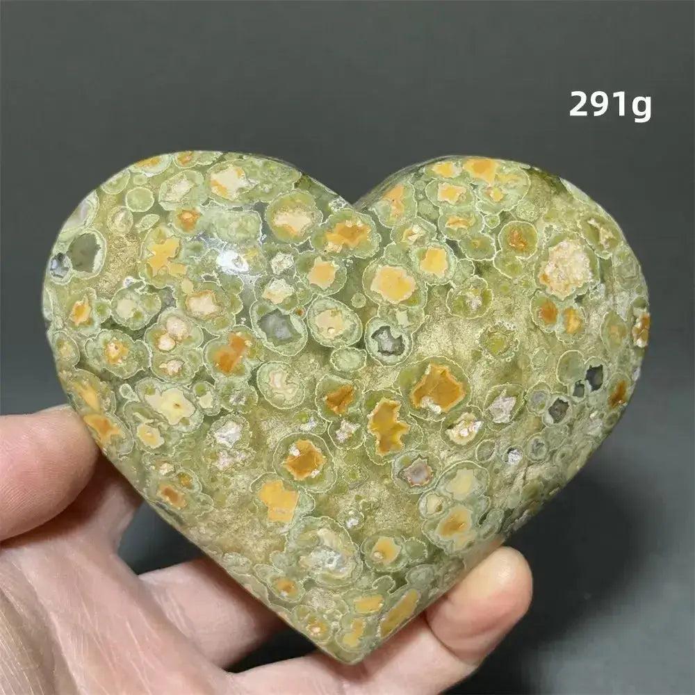 Rainforest Jasper Heart Healing Crystal, 291g, with organic green and golden patterns for emotional grounding and love.