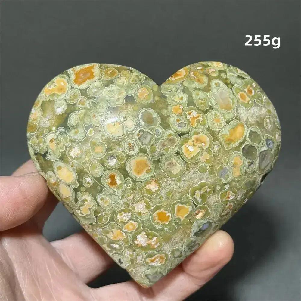 Rainforest Jasper Heart Healing Crystal, 255g. Green, yellow, and brown organic patterns evoke nature's harmony.