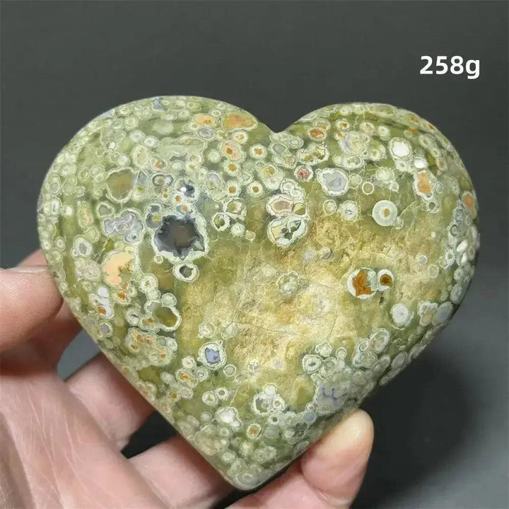 Rainforest Jasper Heart Healing Crystal, 258g. Green, brown, and white organic patterns evoke nature's harmony.