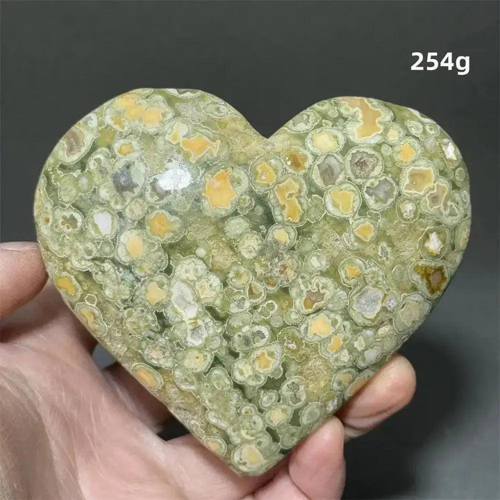 Rainforest Jasper Heart Healing Crystal, a 254g heart-shaped stone with organic green, yellow, and white patterns.