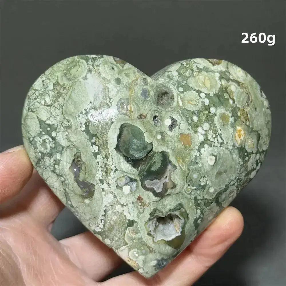 Rainforest Jasper Heart Healing Crystal, 260g, showcasing unique green, white, and brown organic patterns for emotional grounding.