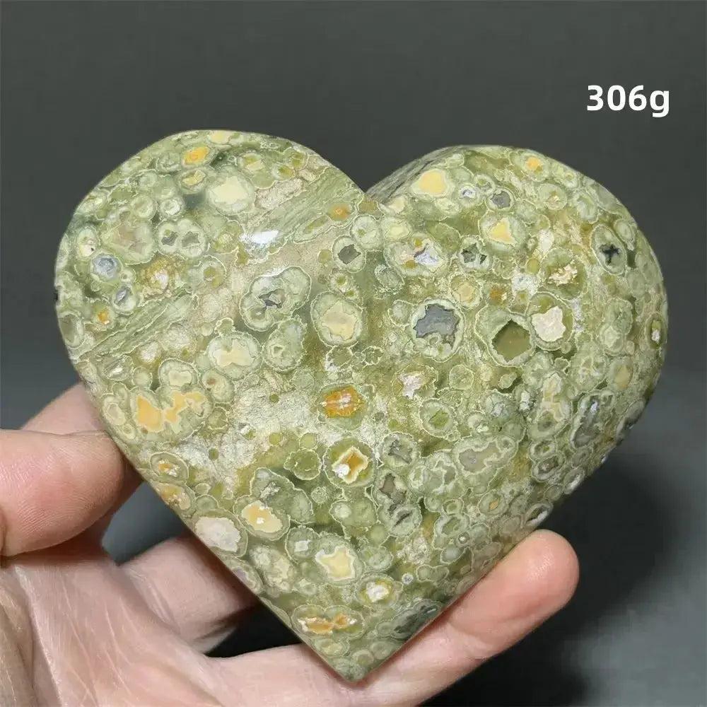 Rainforest Jasper Heart Healing Crystal: Green, yellow, and white speckled heart-shaped Rhyolite stone, 306g, for emotional grounding.