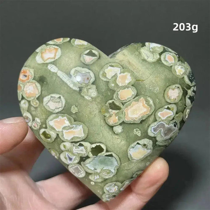 Rainforest Jasper Heart Healing Crystal, 203g, with organic green, cream, and peach patterns for emotional grounding.