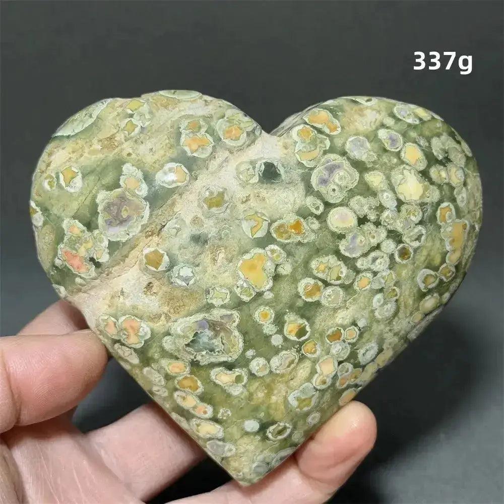 Rainforest Jasper Heart Healing Crystal, a unique green, yellow, and purple Rhyolite heart for emotional grounding and renewal.