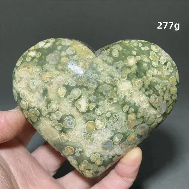 Rainforest Jasper Heart Healing Crystal, 277g. Green, cream, and yellow spotted Rhyolite heart for emotional grounding.