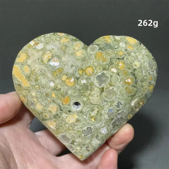 Rainforest Jasper Heart Healing Crystal: Green and yellow patterned heart-shaped Rhyolite, 262g, for emotional grounding.