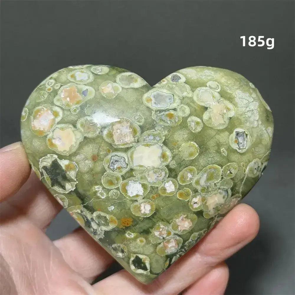 Rainforest Jasper Heart Healing Crystal, 185g. Green, cream, and brown patterned heart-shaped Rhyolite for emotional grounding.