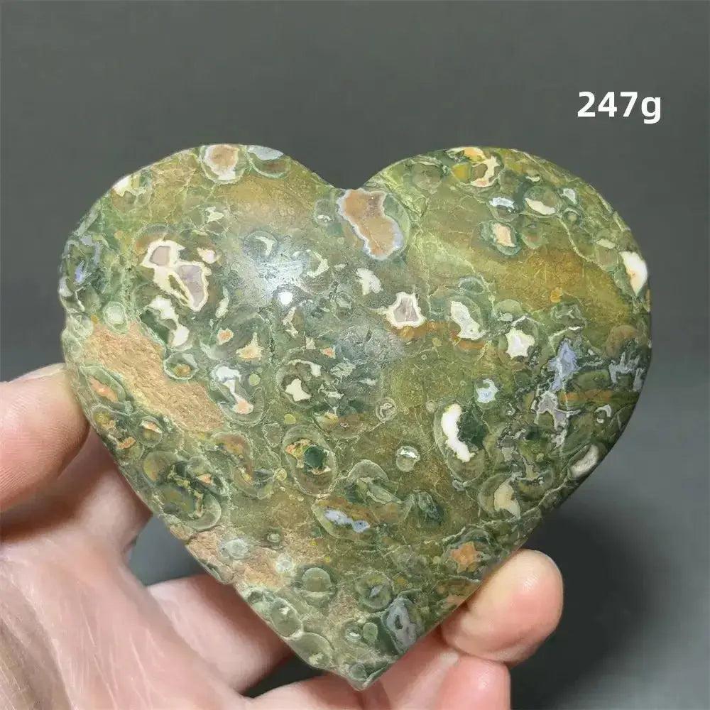 Rainforest Jasper heart healing crystal, 247g, with green, brown, and white organic patterns from Crystal Destiny.