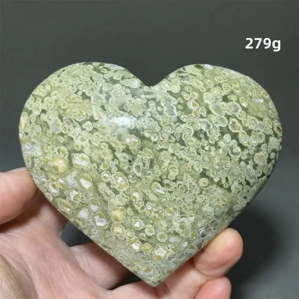 Rainforest Jasper heart healing crystal from Crystal Destiny, 279g, with mottled green and white patterns.