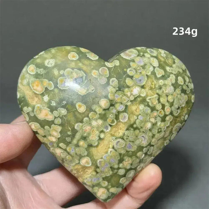 Rainforest Jasper heart-shaped healing crystal by Crystal Destiny, featuring green, yellow, and purple organic patterns.