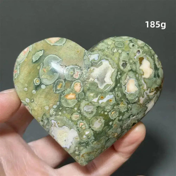 Rainforest Jasper heart healing crystal from Crystal Destiny, 185g, with green, cream, and peach organic patterns.
