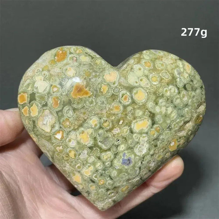 Rainforest Jasper heart healing crystal from Crystal Destiny, 277g, with green and yellow organic patterns.