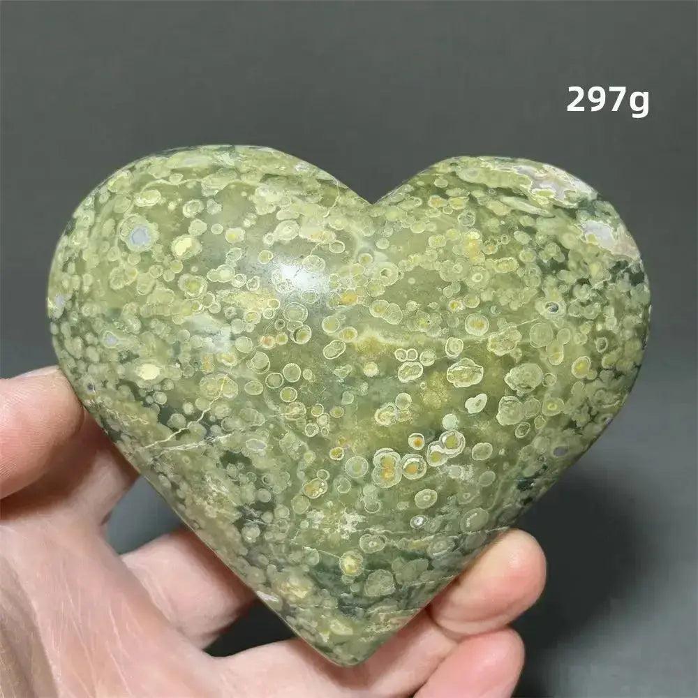 Rainforest Jasper heart healing crystal, 297g, with green, yellow, and brown organic patterns by Crystal Destiny.
