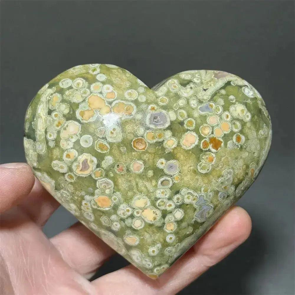Rainforest Jasper heart healing crystal by Crystal Destiny, featuring green, orange, and cream organic patterns.