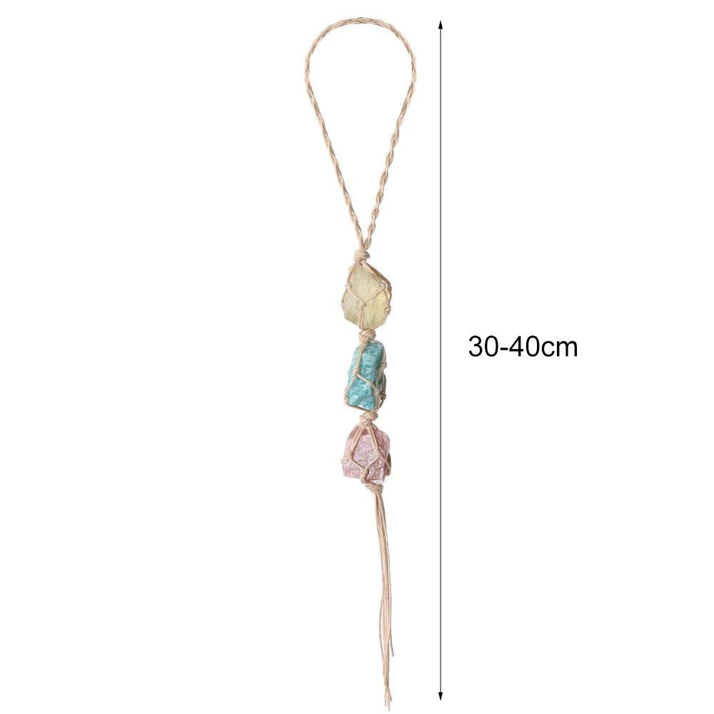 Irregular raw quartz rearview mirror pendant with three colorful stones (yellow, blue, pink) on a braided cord, 30-40cm.