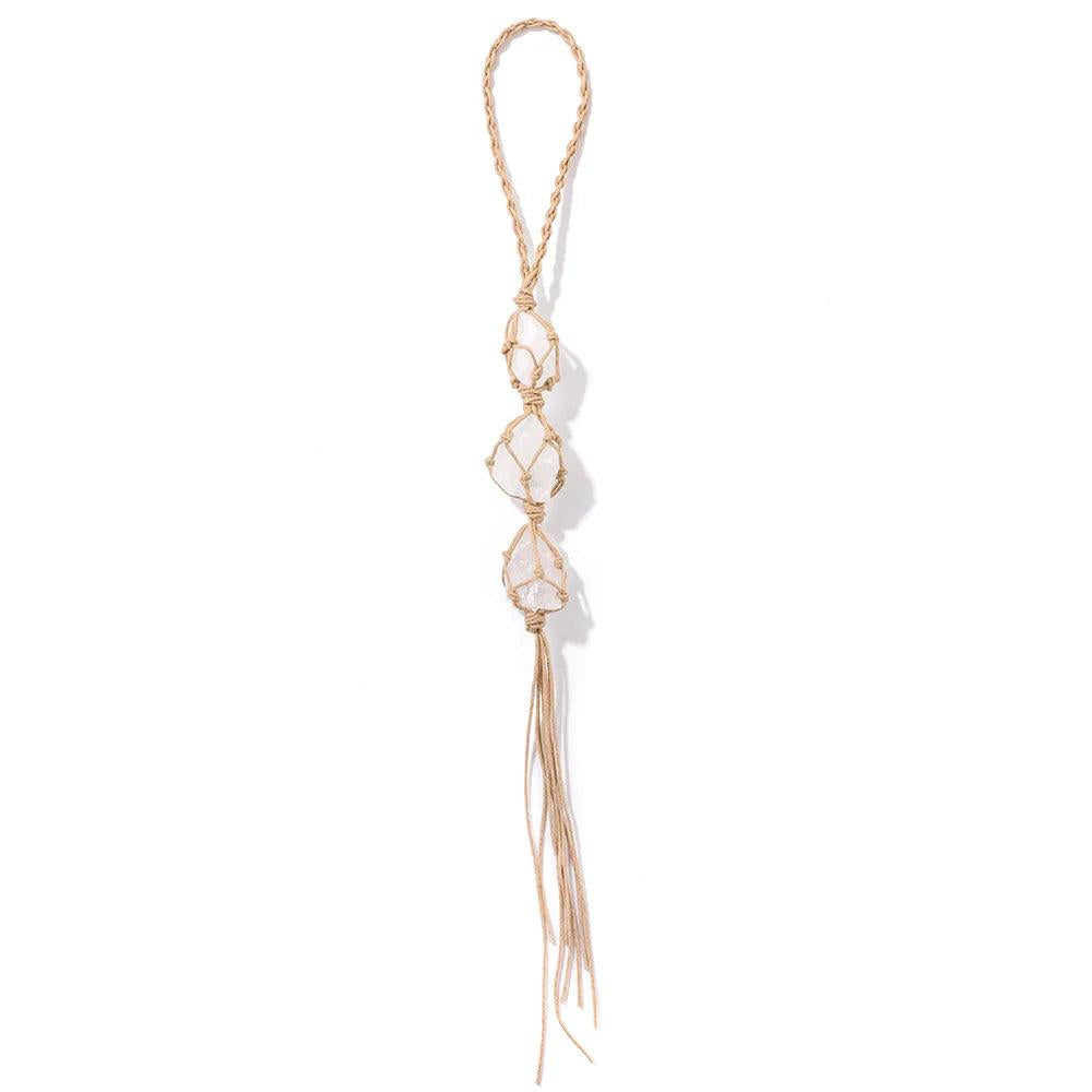 Natural raw clear quartz crystal dream catcher car pendant with macrame rope, promoting healing and positive energy.