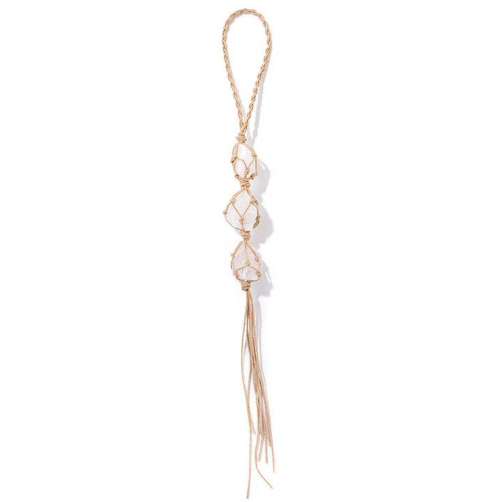Natural raw clear quartz crystal dream catcher car pendant with macrame rope, promoting healing and positive energy.