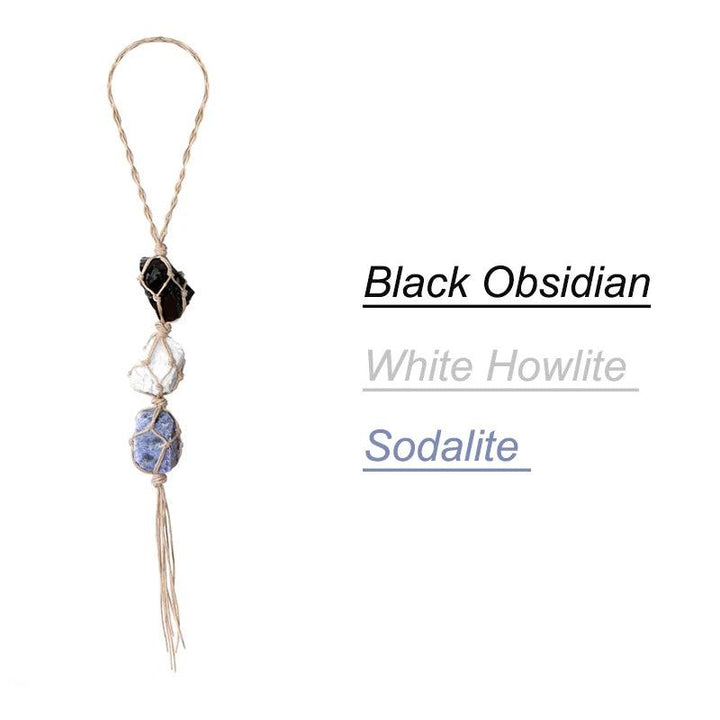 Irregular natural Black Obsidian, White Howlite, and Sodalite stone car pendant with macrame cord.