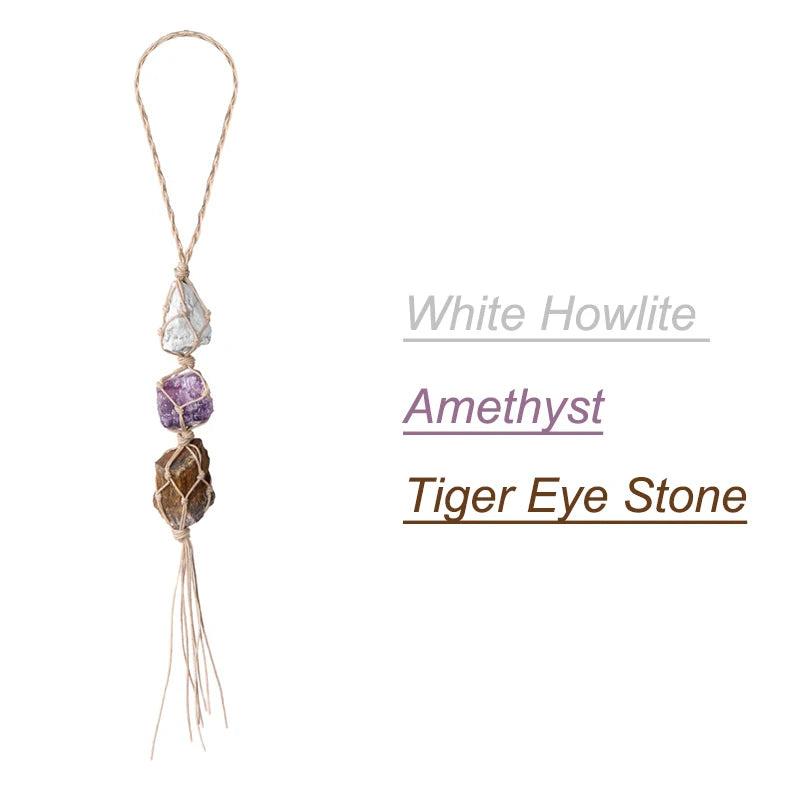 Natural stone car pendant with white howlite, amethyst, and tiger eye stone, wrapped in twine.