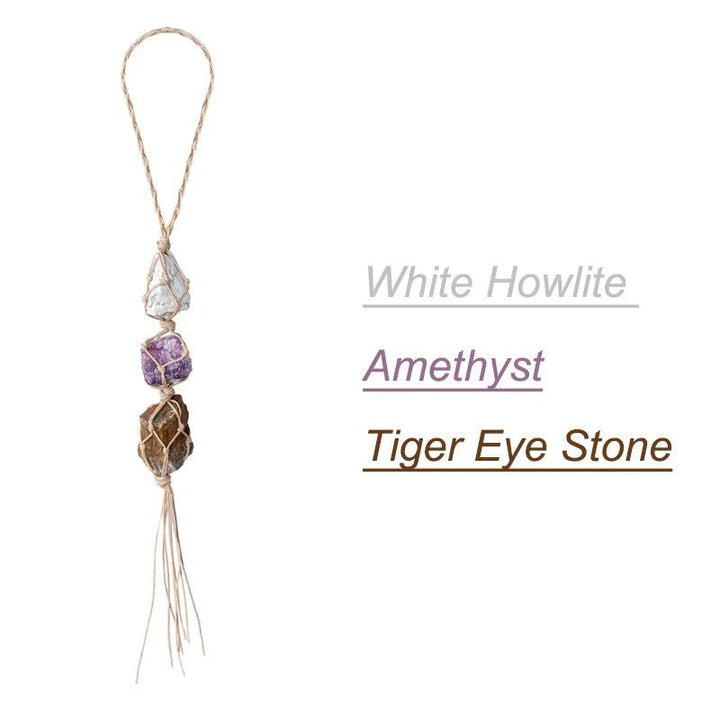 Natural stone car pendant with white howlite, amethyst, and tiger eye stone, wrapped in twine.
