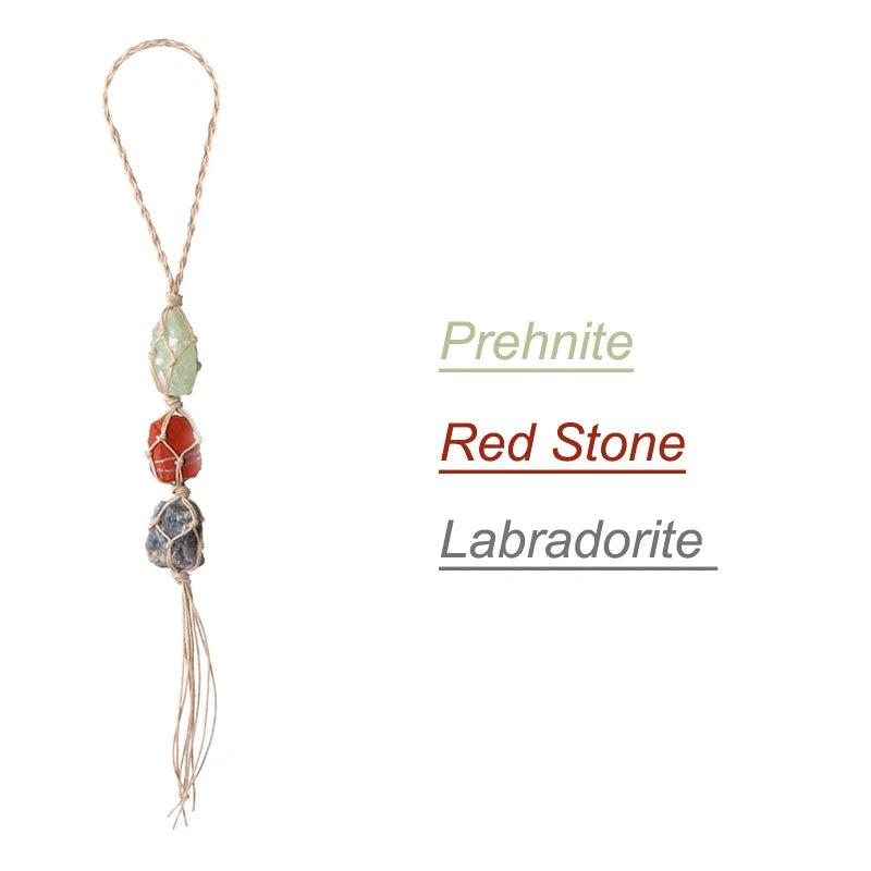 Natural stone car pendant with green Prehnite, red stone, and grey Labradorite, promoting healing.