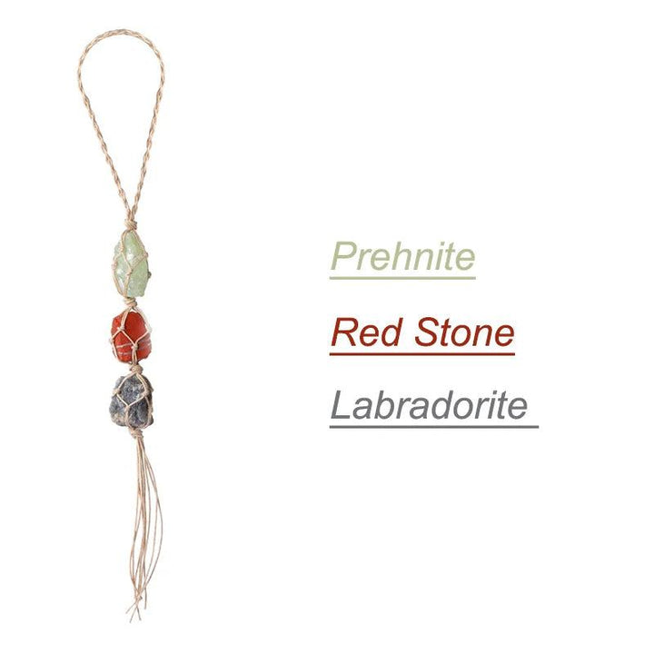 Natural stone car pendant with green Prehnite, red stone, and grey Labradorite, promoting healing.