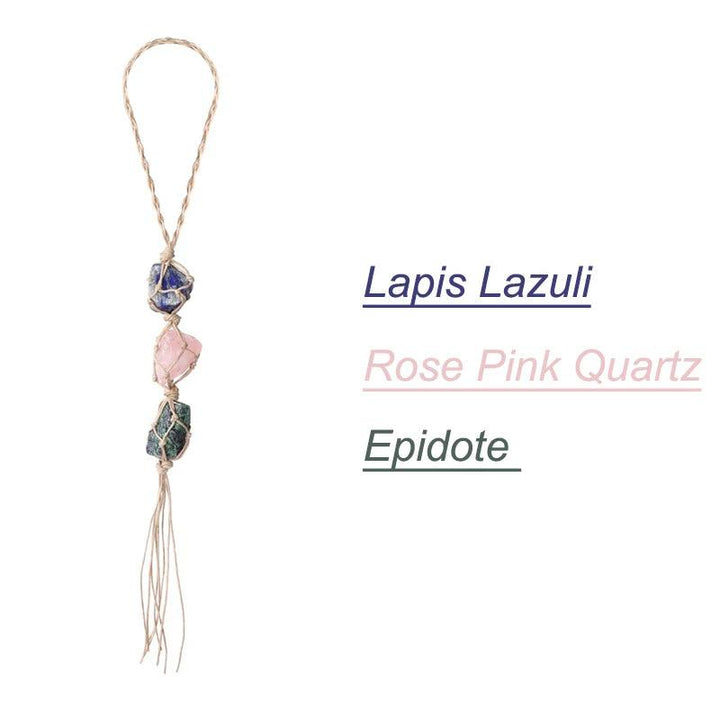 Natural stone car pendant with raw Lapis Lazuli, Rose Pink Quartz, and Epidote crystals on a braided cord.