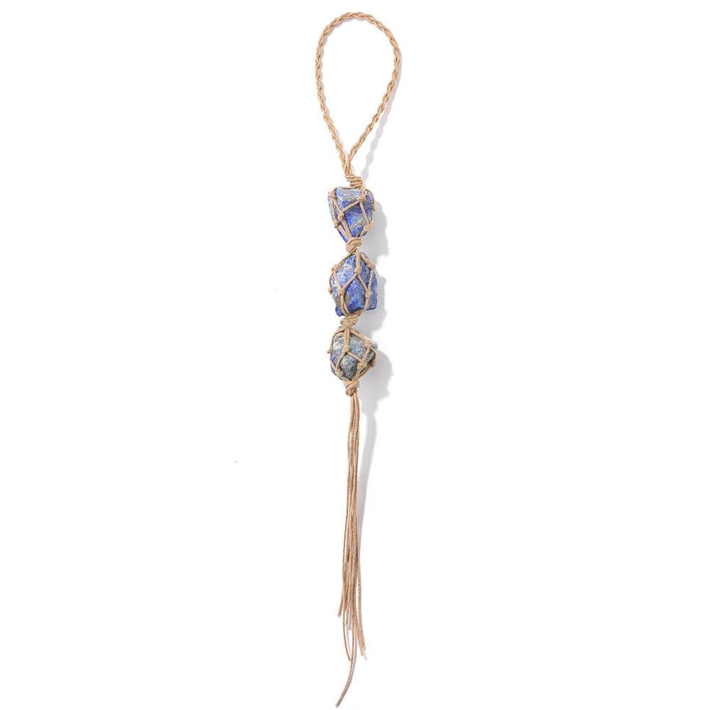 Irregular blue raw quartz stone car pendant with three crystals wrapped in natural twine, ideal for rearview mirror decoration.