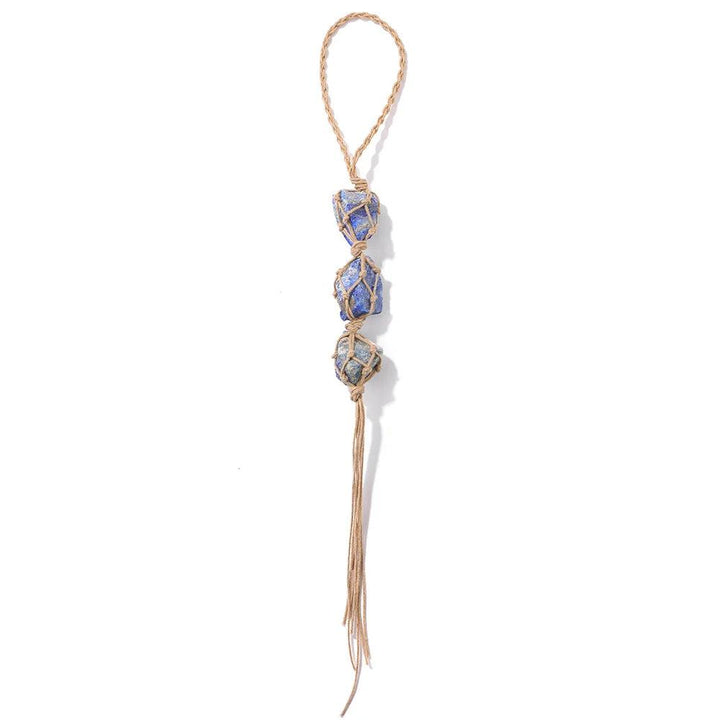 Irregular blue raw quartz stone car pendant with three crystals wrapped in natural twine, ideal for rearview mirror decoration.