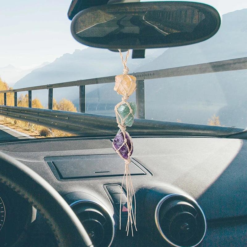 Natural quartz rearview mirror pendant with yellow, green, and purple raw stones for car decoration.