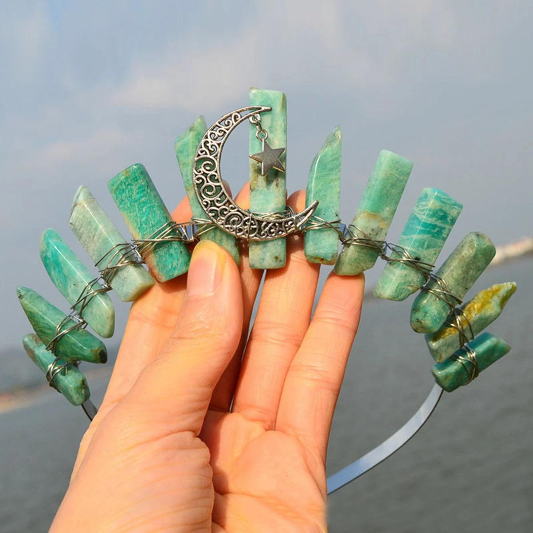 Raw amazonite crystal tiara with a silver crescent moon and star, wire-wrapped on a headband.