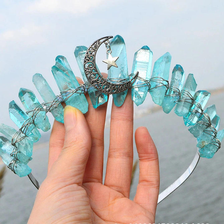 Aqua aura quartz crystal tiara with a silver crescent moon and star charm, wire-wrapped on a headband.