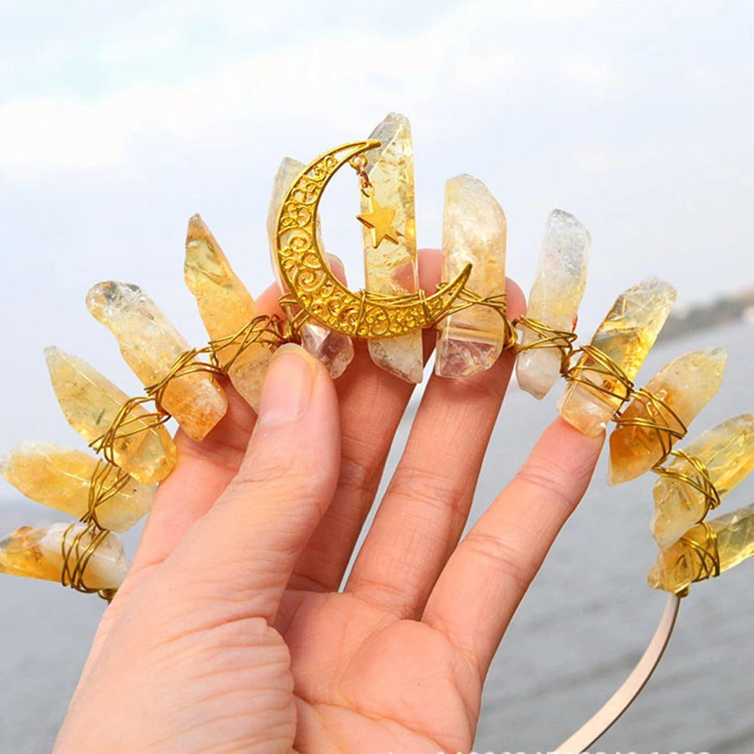 Raw citrine crystal tiara with a gold crescent moon and star, wire-wrapped for spiritual healing.