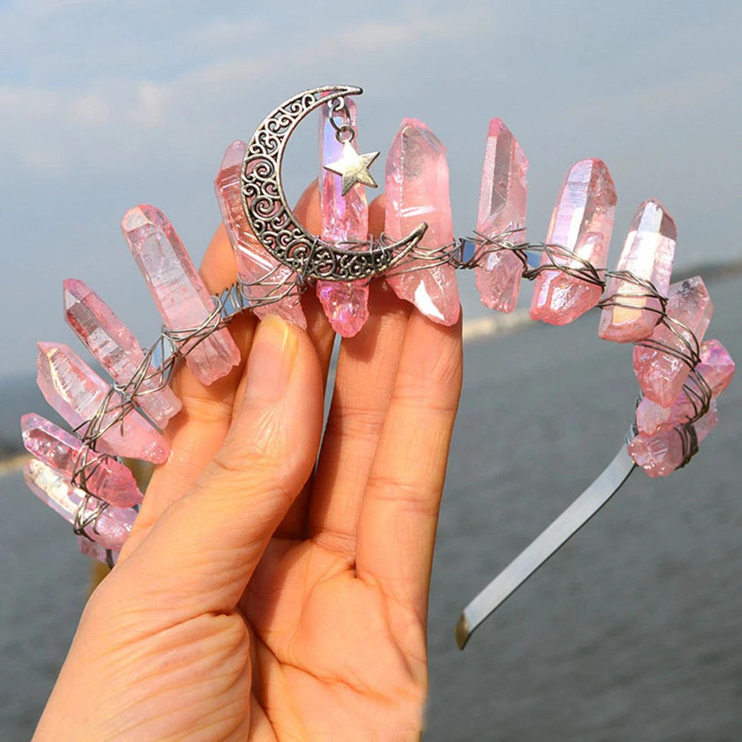 Pink raw quartz crystal tiara with a silver crescent moon and star charm, wired onto a headband.