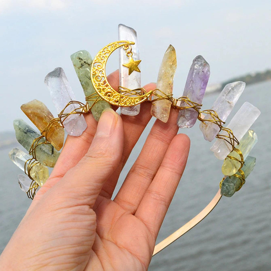 Raw quartz crystal tiara with a gold crescent moon and star, wire-wrapped on a headband.