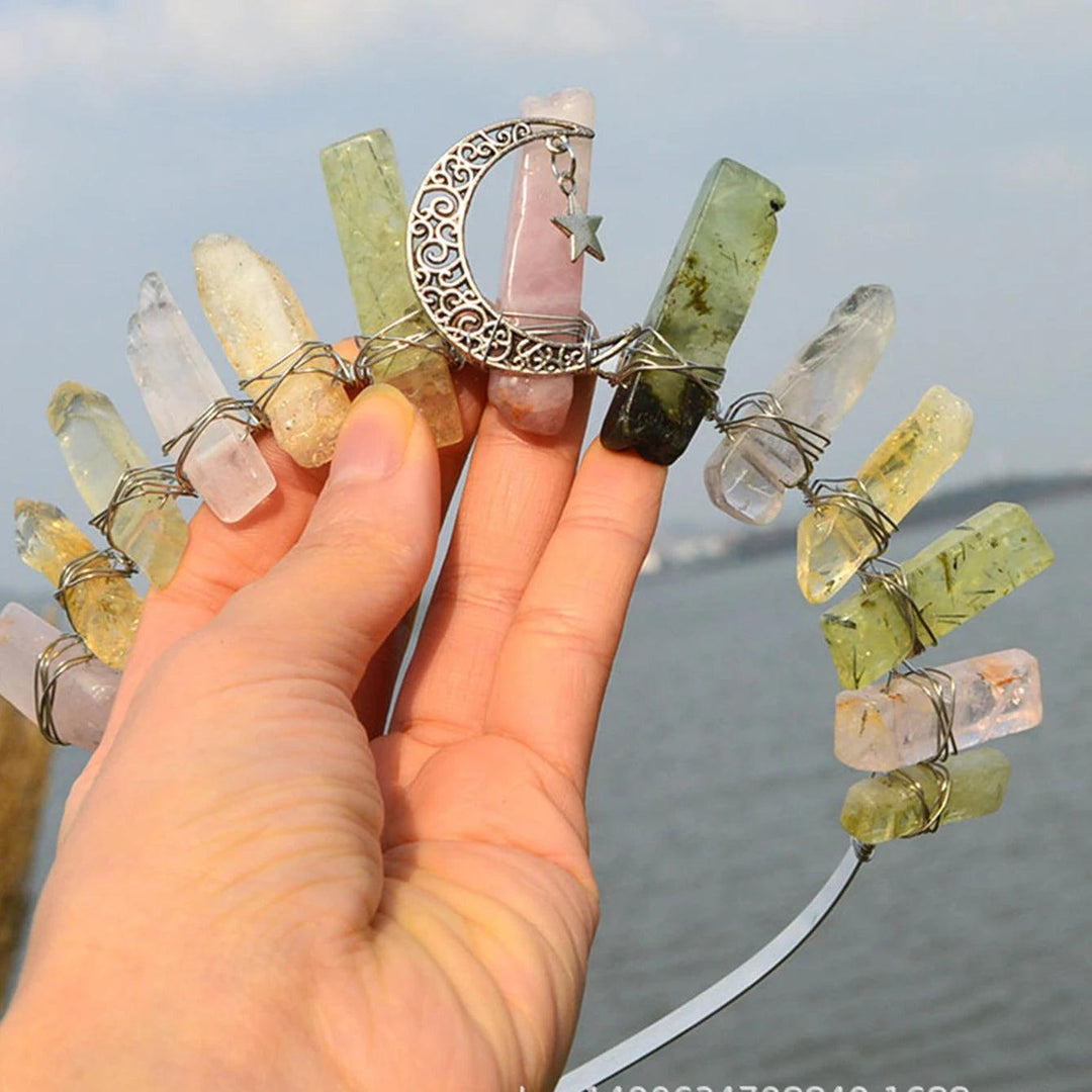 Raw quartz crystal tiara with a silver crescent moon and star charm, wire-wrapped on a headband.