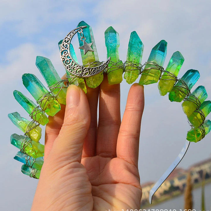 Raw green and blue quartz crystal tiara with a silver crescent moon and star charm.