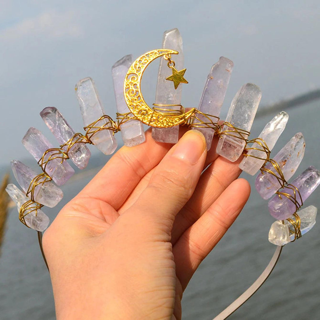 Raw quartz crystal tiara with a gold crescent moon and star, wire-wrapped for a natural witchy aesthetic.